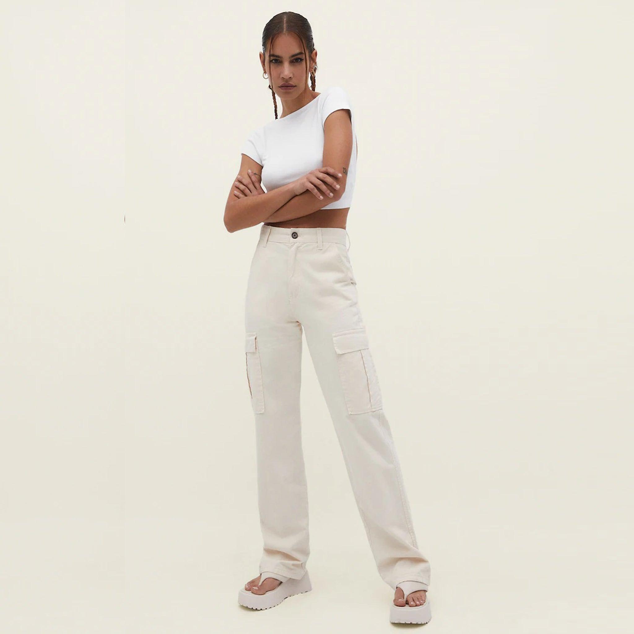 High Waisted Stitch Detail Cargo Jeans | Fashion pants, White cargo pants, Cargo  pants outfit